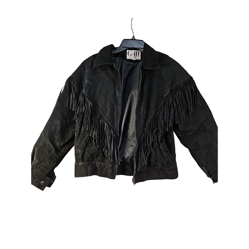 Vintage G-III Black Suede Fringe Moto Jacket Western M